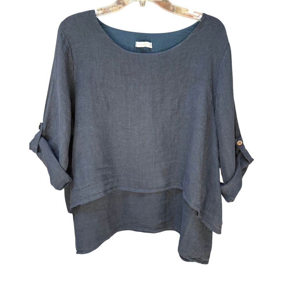 Meo Meli Italy Navy Blue 100% Linen Roll Tab Sleeve High Low Blouse LART 9996